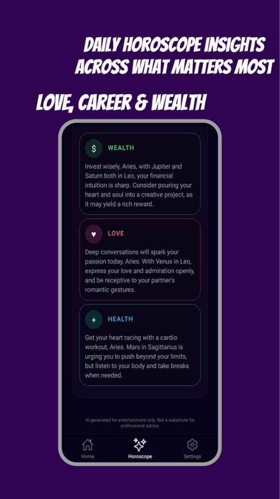 AstraDaily horoscope sections for love, career, and wealth